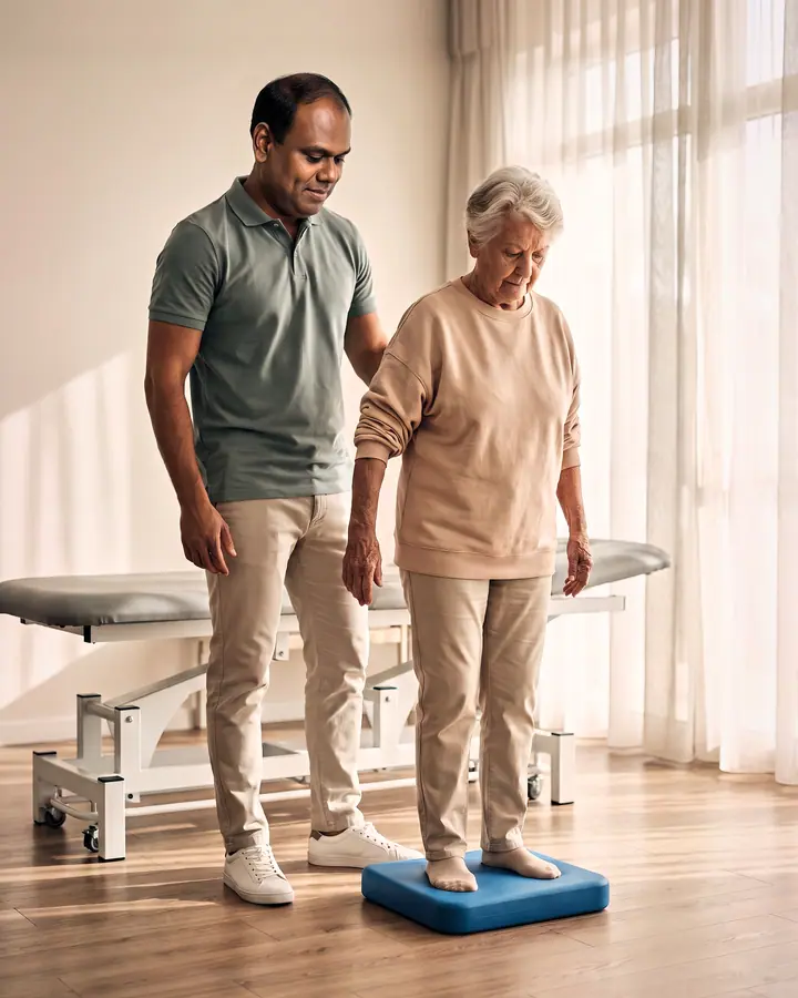 Femme âgée en équilibre, pieds nus sur un coussin de mousse bleu, sécurisée par un physiothérapeute