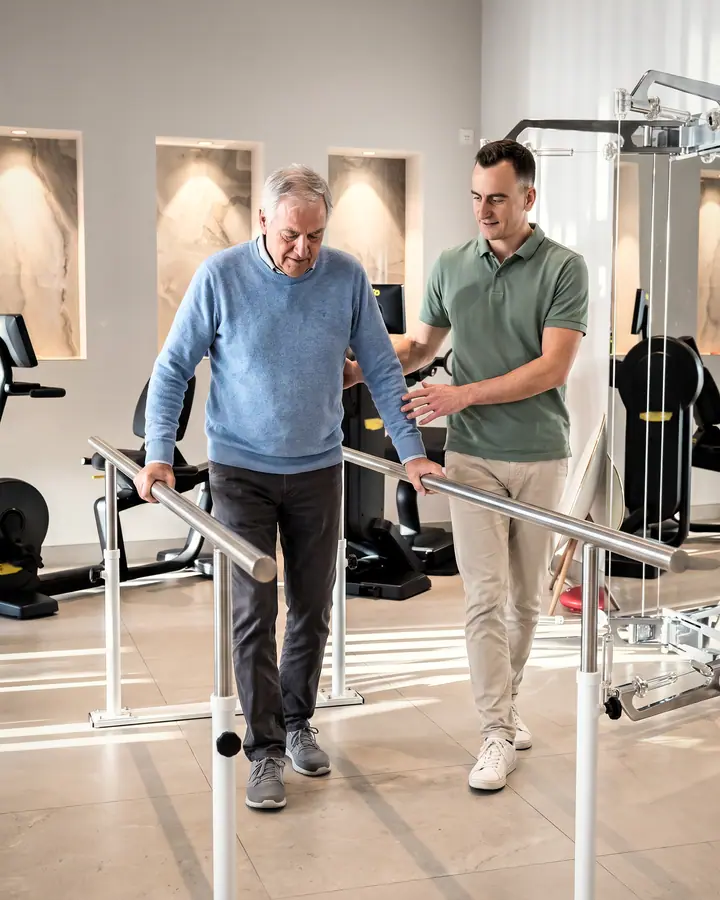 Homme âgé réapprenant à marcher entre des barres parallèles, accompagné pas à pas par un physiothérapeute
